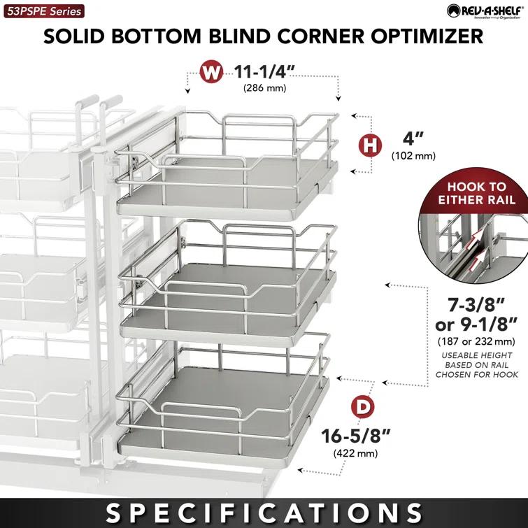Rev-A-Shelf Steel 3-Tier Pullout Solid Bottom Organizer For Blind Corner Cabinets W/ Soft-Close