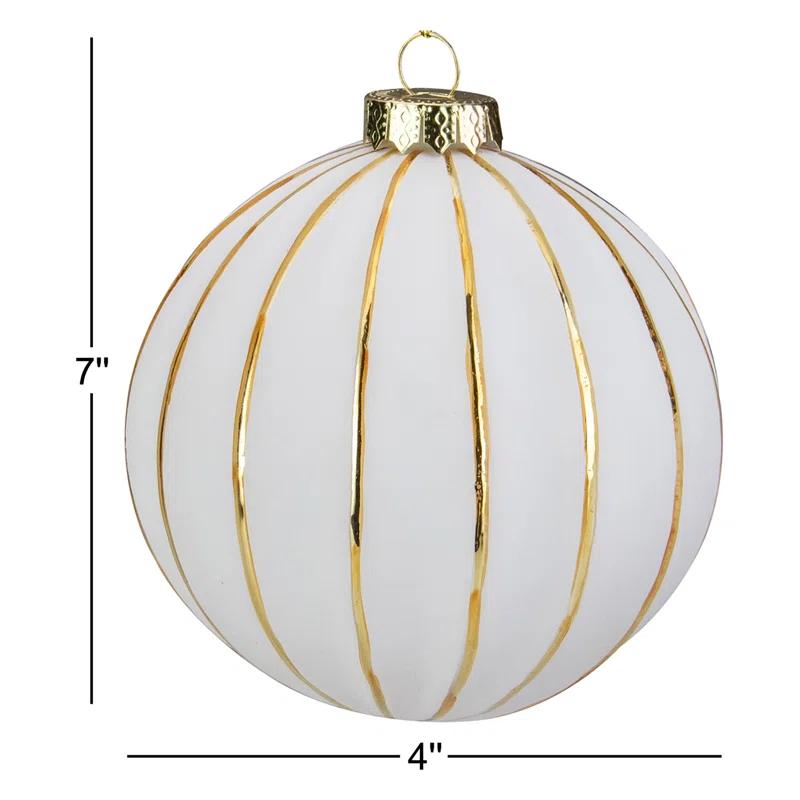 4" Glittered White and Gold Striped Glass Christmas Ball Ornament