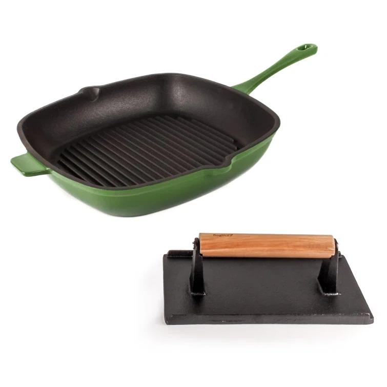 BergHOFF BergHOFF Neo 2Pc Cast Iron Grill Set: Grill Pan & Bacon/Steak Press, Green