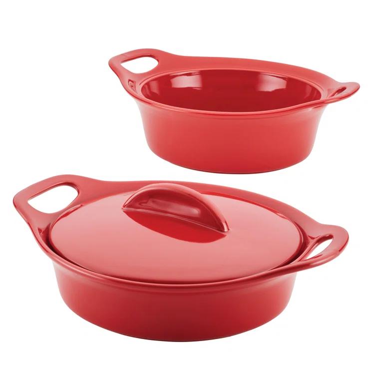 Rachael Ray Rachael Ray Ceramic Casserole Bakers Set, Includes 1.5-Quart And 2-Quart Round Casserole, With Shared Lid, 3 Piece, Red