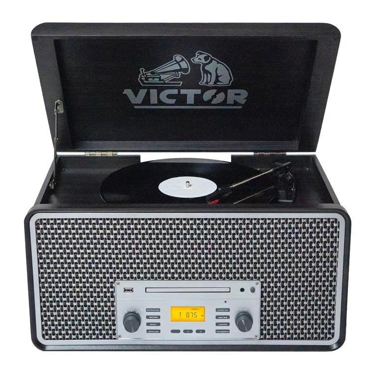 Victor 8-in-1 Wood Music Center with Bluetooth Vinyl Record Player