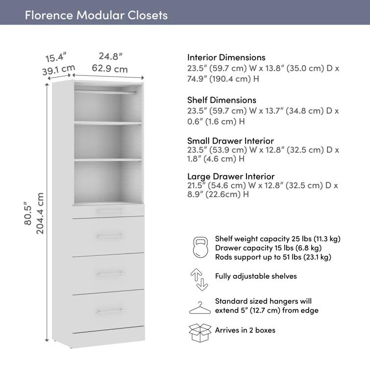 Bestar Florence Modular Reach-In Or Walk-In Closet System Tower With Shelves And 4 Drawers, Slab Style