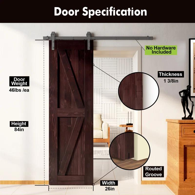 Homacer 84'' Solid Wood Semi-Gloss without Installation Hardware Kit Barn Door