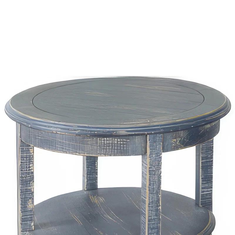Benjara Rena Side End Table, Scallop Trim, 28 Inch Distressed Blue Mahogany