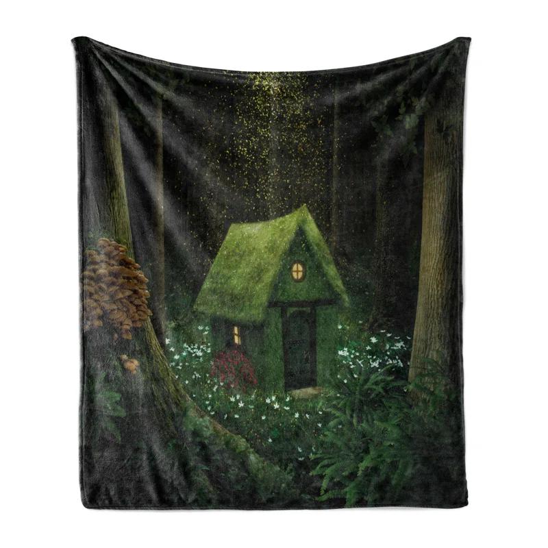 Ambesonne Ambesonne Green Fleece Throw Blanket Surreal Forest House Hunter Green Army Green