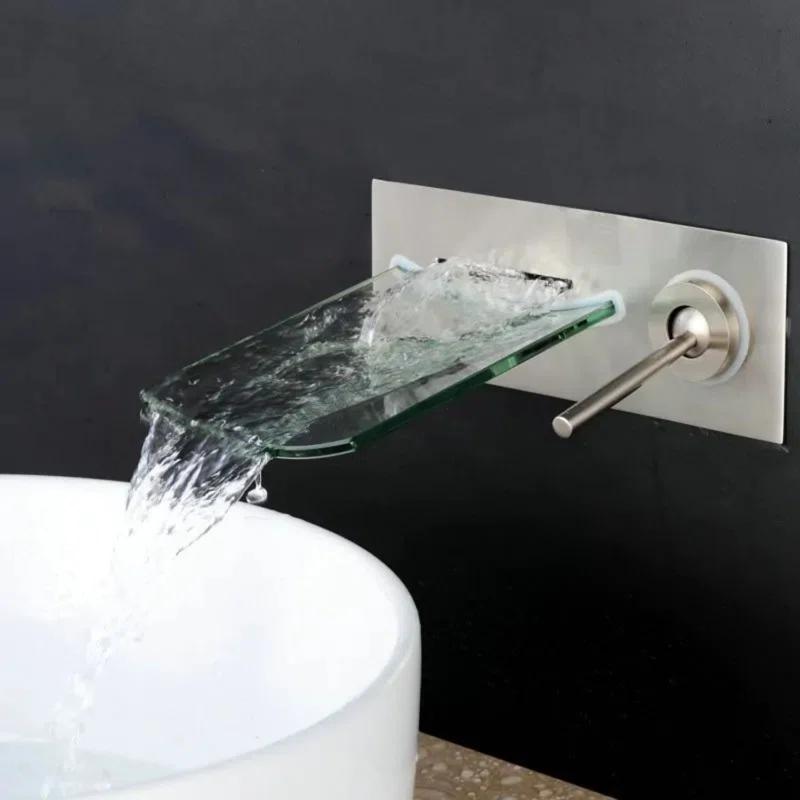 Juno Showers JS2007 Juno Camila Wall-Mount Waterfall Bathroom Faucet – Brushed Nickel Finish with Single Handle Control