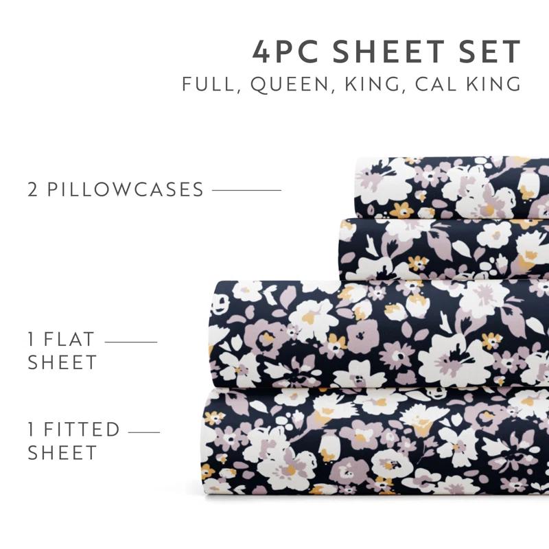 IEnjoy Home 4 Piece Sheet Set Patterned Microfiber Ultra Soft Bedding in Floral Dream