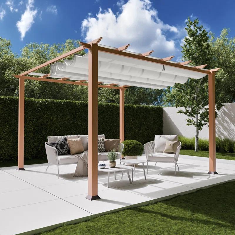 Paragon-Outdoor Florence 11 ft. W x 11 ft. D Wood Grain Aluminum Pergola in Canadian Cedar with Convertible Canopy