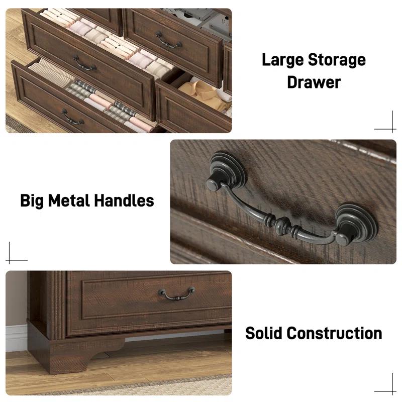 Charlton Home® 59" Farmhouse Dresser With 7 Spacious Drawers – Rustic Wooden Storage Cabinet For Bedroom, Living Room, Or Entryway