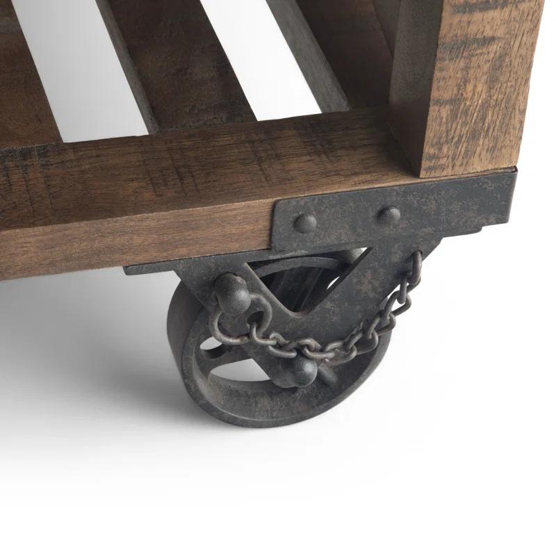 Simpli Home Harding 32"W Solid Mango Wood Industrial Square Coffee Table with Metal Accents, Open Shelf, and Iron Wheels