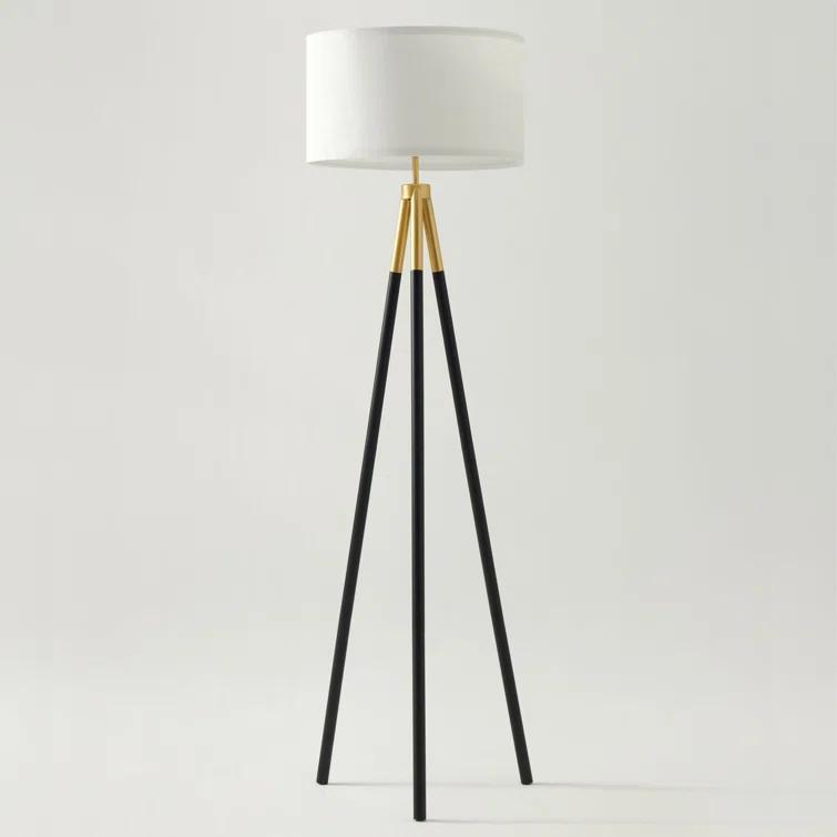 Brightech Levi 61" Mid-Century Modern LED Tripod Floor Lamp with Black Legs, Gold Finish, and Fabric Drum Shade, Bulb Included