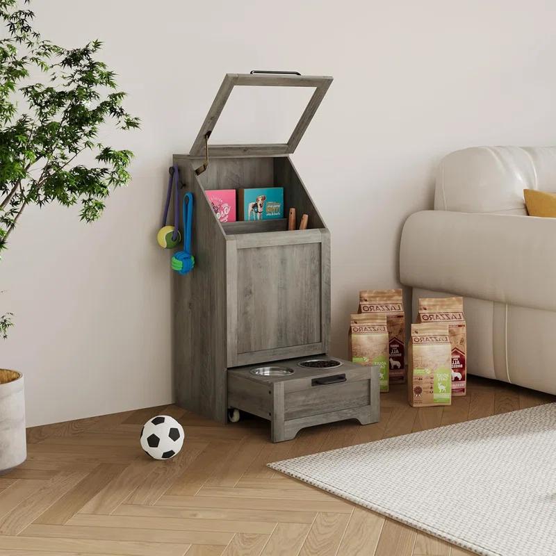gaomon Dog Feeding Station with Storage Cabinet, 2 Elevated Dog Bowls, Filp Top Dog Food Storage Cabinet Container