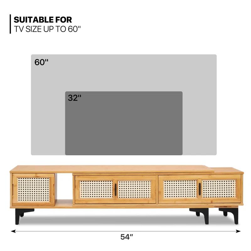 MoNiBloom Bamboo TV Stand with Storage Cabinet, 54" to 82.5" Extendable Length TV Console for Home Living Room