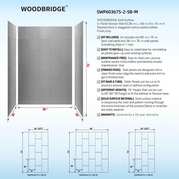WoodBridge 75/96" H Solid Surface Shower & Tub Wall Panel, Surround, Quick Install, Cuttable, 0.138" thick