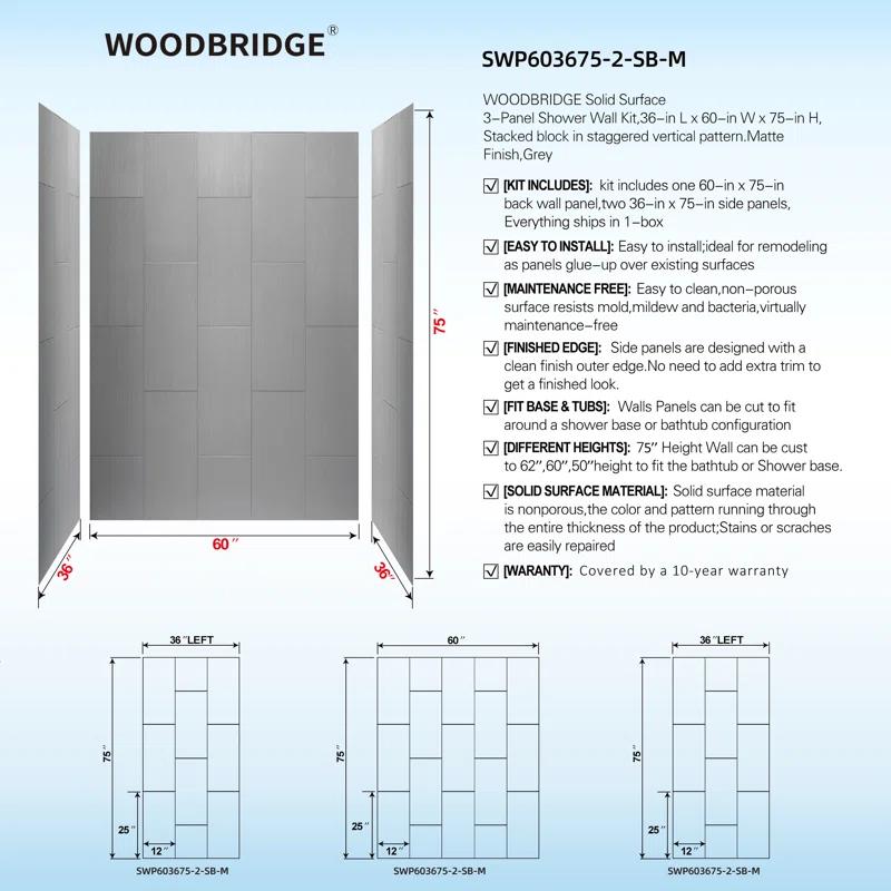 WoodBridge 75/96" H Solid Surface Shower & Tub Wall Panel, Surround, Quick Install, Cuttable, 0.138" thick