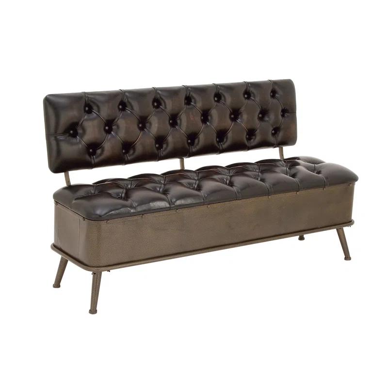 Williston Forge Black Metal Room Storage Bench with Tufted Faux Leather, 54" x 19" x 31"