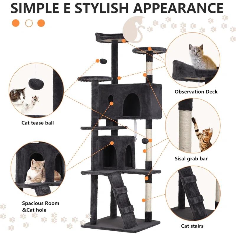 Tucker Murphy Pet™ 70In Cat Tree Tower For Indoor Cats,Multi-Level, Furniture Activity Center With Scratching Posts Stand House Cat Condo With Funny Toys For Kittens Pet Play House,Dark Gray