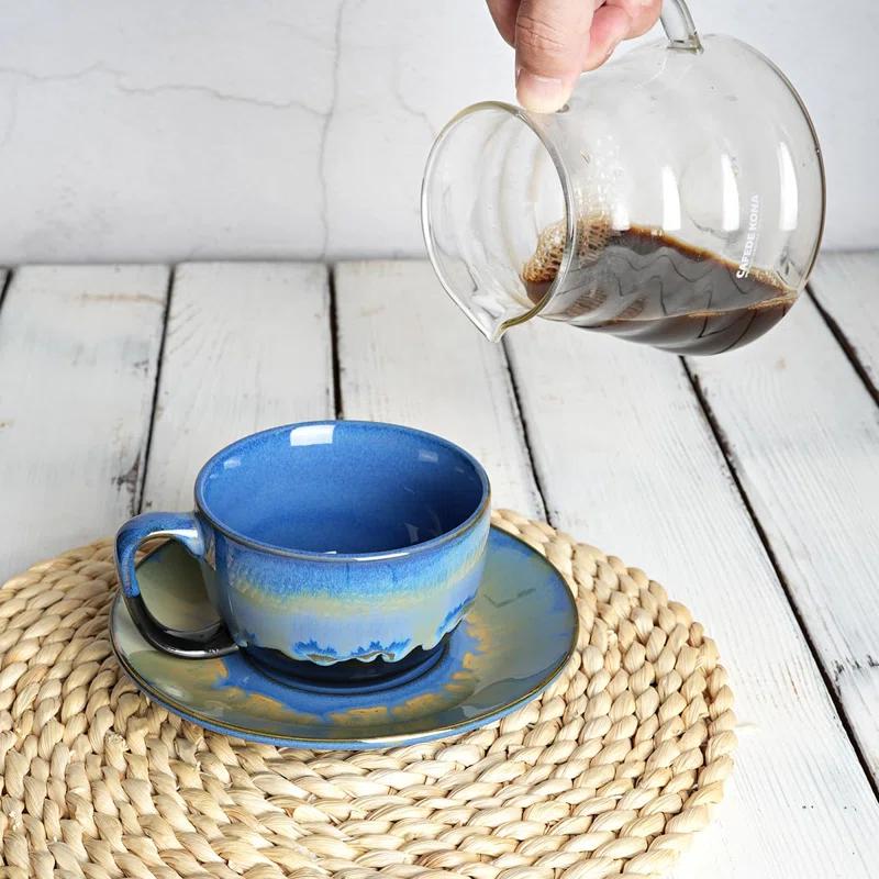 shuoli Ceramic Cappuccino Cup And Saucer Set Of 2, 10 Oz, Dishwasher And Microwave Safe, Coffee Cups For Latte, Espresso, Tea, Reavtive Glaze (Blue, 10 Oz) | Wayfair