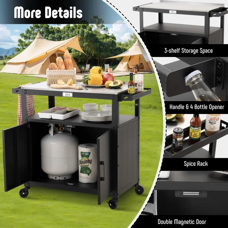 Feasto Feasto 35''H x 32''W Cabinet Utility Cart with Wheels, Outdoor Grill Cart, Rolling Kitchen Cart for BBQ Food Prep