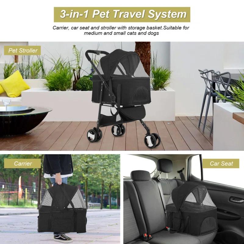 Foldable Pet Stroller with Detachable Carrier