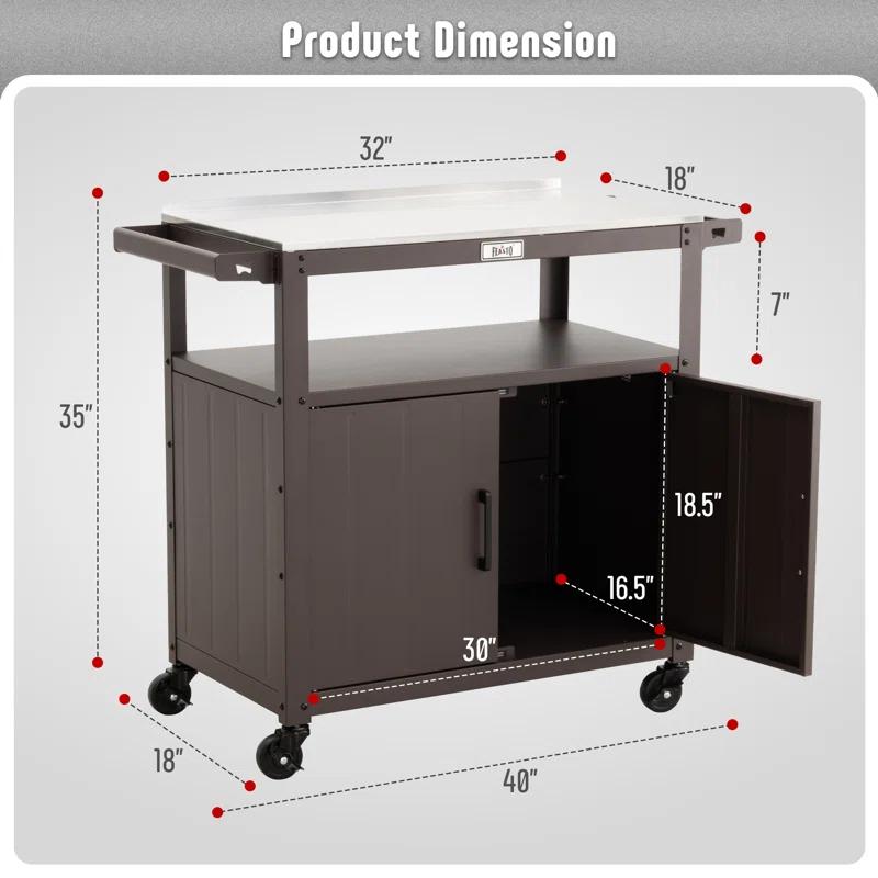 Feasto Feasto Outdoor Grill Cart with Stainless Steel Tabletop and Storage Cabinet, Movable Kitchen Island with Wheels for BBQ Food Prep