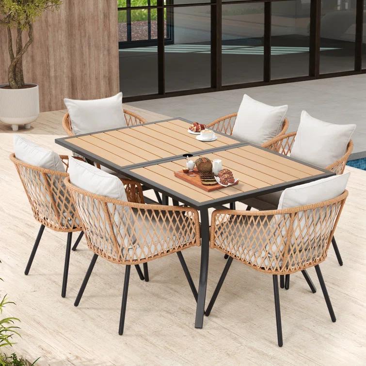 EROMMY 7 Piece Outdoor Dining Table Set, Patio Table And Chairs Set With 6 Rattan Chairs, Rectangular Table With Umbrella Hole, All-weather Patio Furniture For Backyard, Lawn, Garden