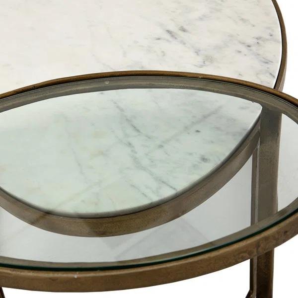 Gold and White Oval Marble Glass Nesting Coffee Table