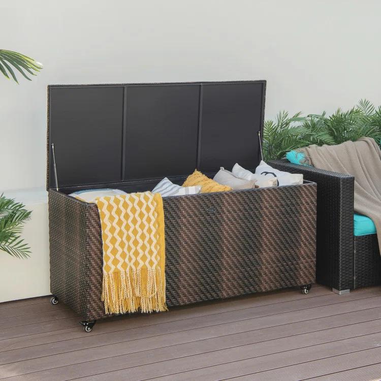 CasaCore 96 Gallon PE Wicker Outdoor Storage Box with 4 Wheels