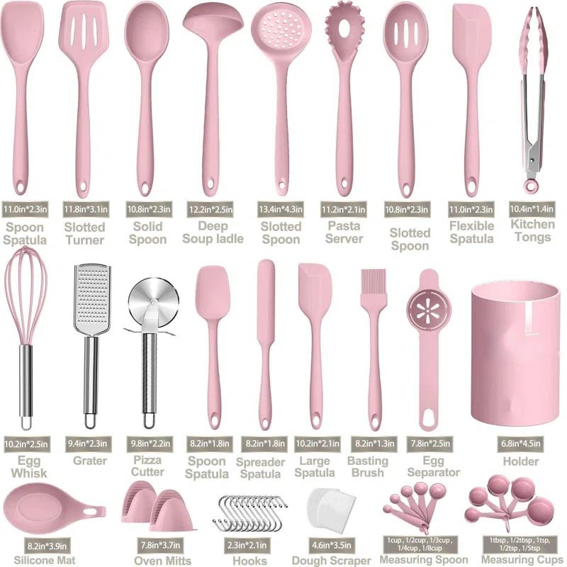 shuoli Silicone Cooking Kitchen Utensil Set, 43 Pcs Pink Cooking Utensils Set, Turner, Tongs, Spoon, Spatula, Kitchen Gadgets Tools Set For Nonstick Cookware, Heat Resistant (Dishwasher, BPA Free)