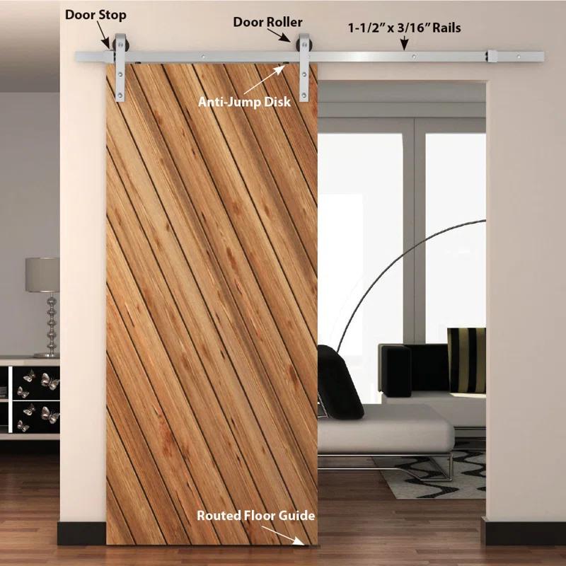 American Pro Decor Steel Sliding Rolling Barn Door Hardware Kit for Single Wood Doors with Routed Floor Guide