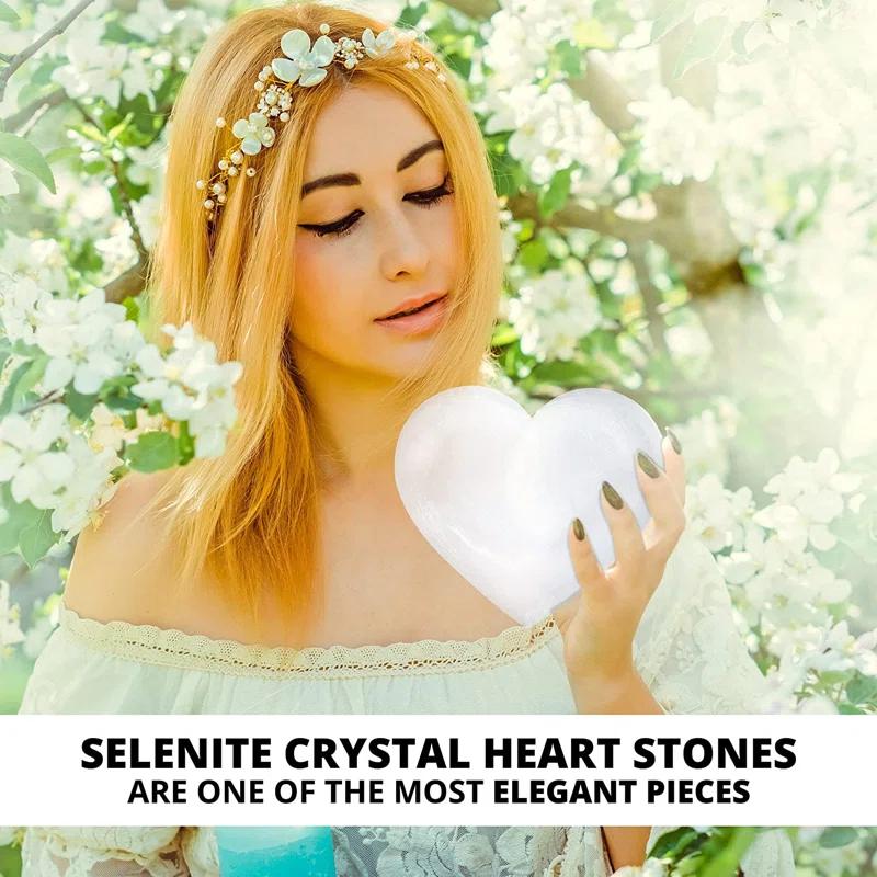 Himalayan Glow Selenite Crystal Heart Stone, Healing & Calming Selenita Spar Love 10 cm, White