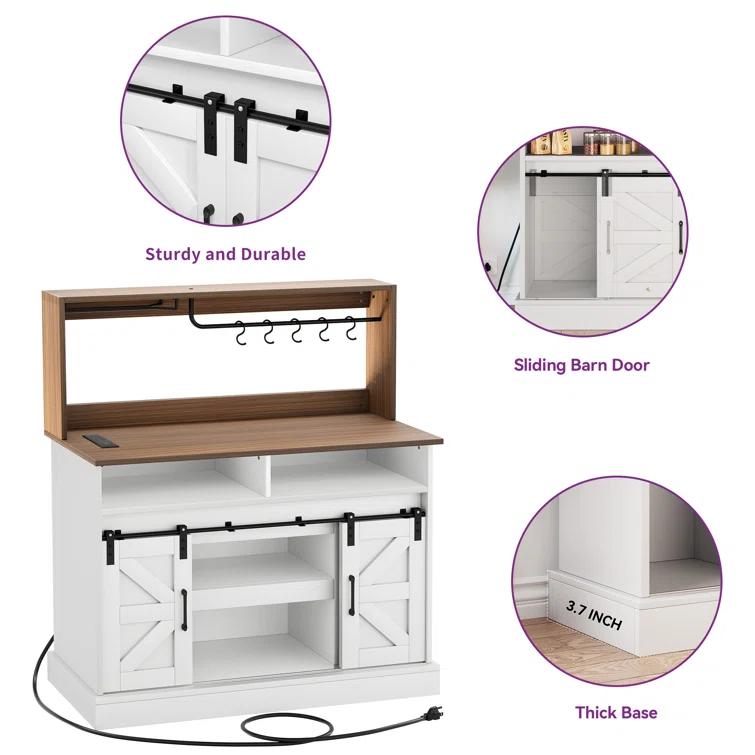 Gracie Oaks Gracie Oaks Farmhouse Coffee Bar Cabinet with Power Outlets, Goblet Holder & Sliding Barn Doors