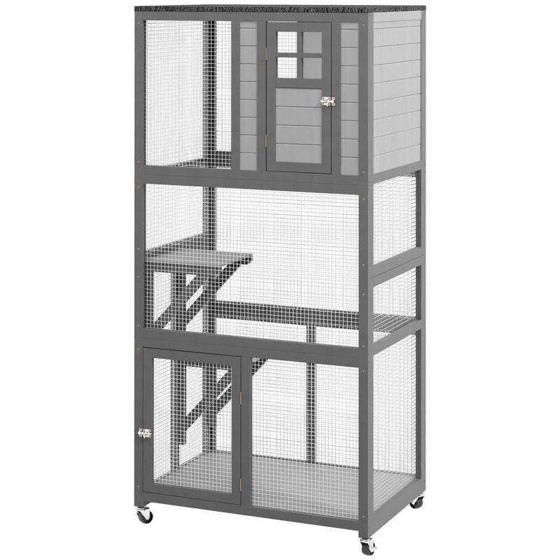 Tucker Murphy Pet™ PawHut 74" Light Gray Weatherproof & Wheeled Wooden Outdoor Cat House Catio Enclosure with High Weight Capacity