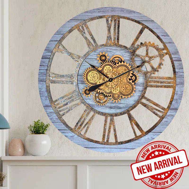 The Gears Clock Wall Clock 36" Round Oversized for Living Room decor with Real Moving Gears America Collection
