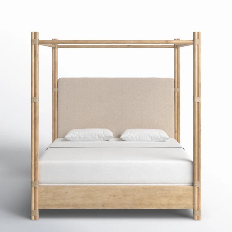 King Beige Upholstered Canopy Bed with Oak Frame