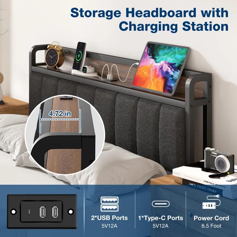 Ebern Designs Upholstered Bed Frame with Charging Station and Storage Headboard