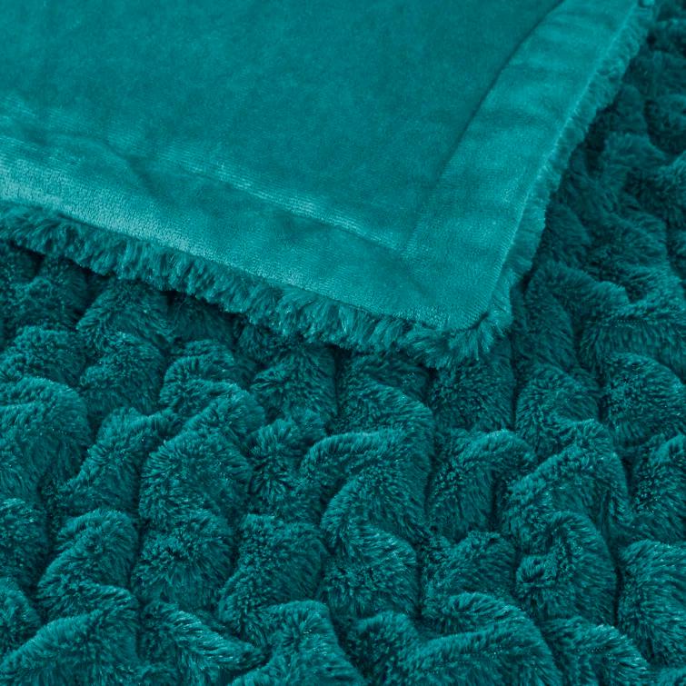 Madison Park Teal Ruched Fur Throw 50x60"