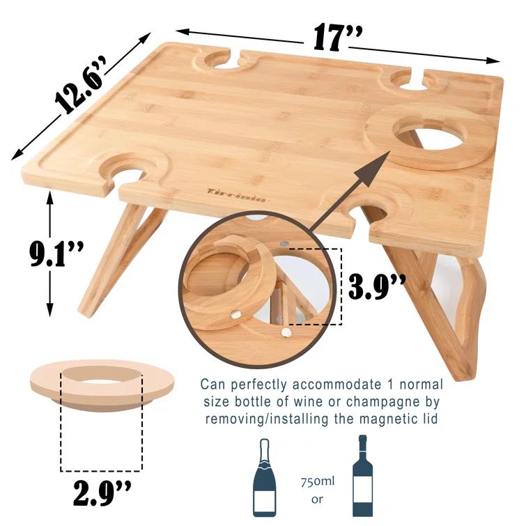 Tirrinia Bamboo Wine Picnic Table, Ideal Wine Lover Gift, Large Folding Portable Outdoor Snack & Cheese Tray for Concerts at Park, Beach