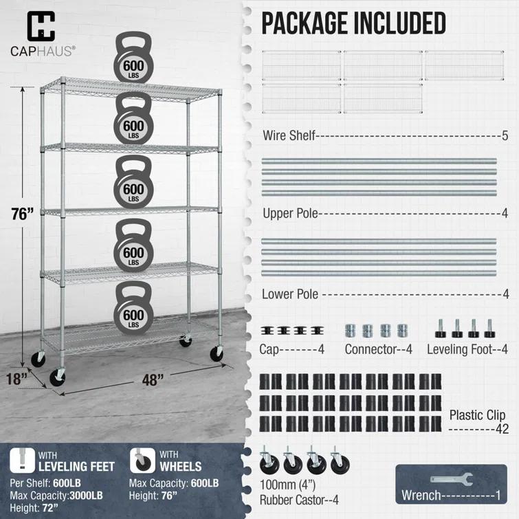 CAPHAUS CAPHAUS NSF Commercial Grade Heavy Duty 5-Tier Wire Shelving w/Wheels, Leveling Feet, 48 x 18 x 76-Inch, Multiple Options