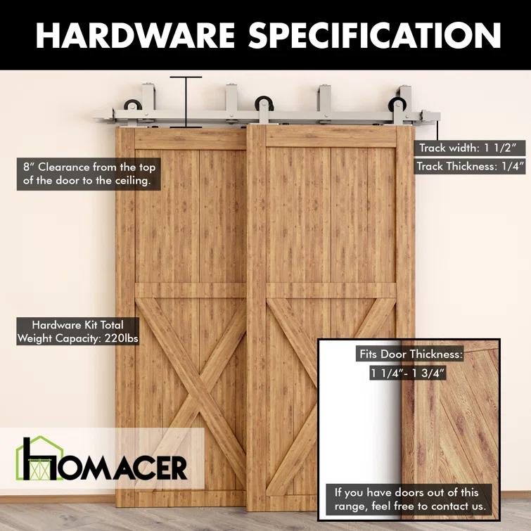 Homacer Brushed Nickel Top Mount T-Shape Design Double Track Bypass Two Door Barn Door Hardware Kit (Door Not Included)