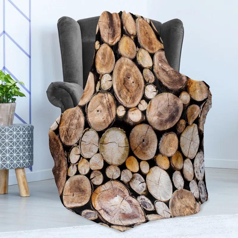 Ambesonne Ambesonne Rustic Fleece Throw Blanket Wooden Logs Oak Tree Pale Sand Brown