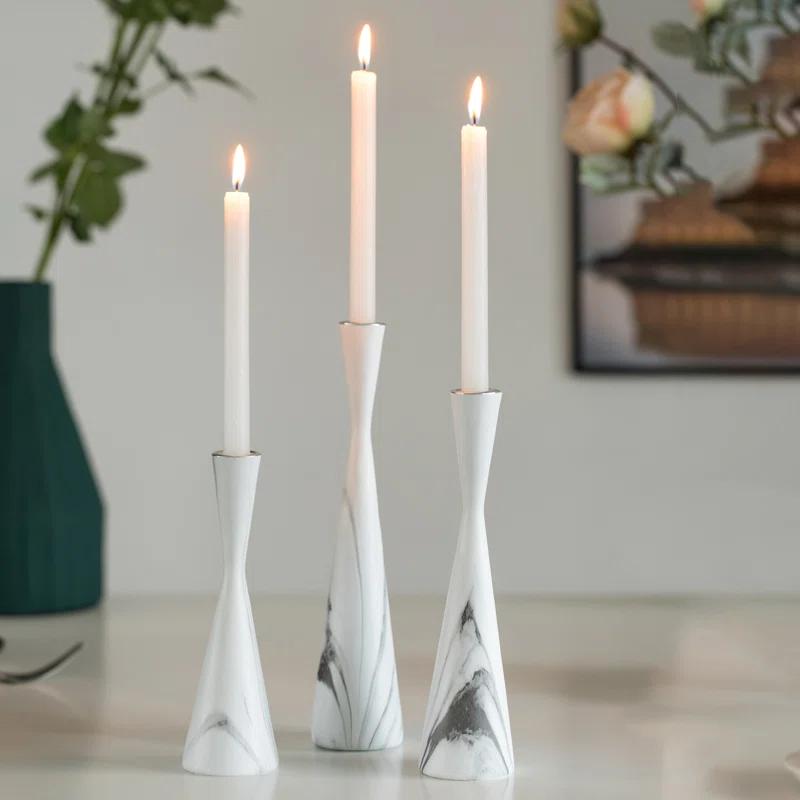Ivy Bronx Marble Resin Candle Holders - 3 Set Taper Candlesticks for Home Decor, Table Centerpieces, White