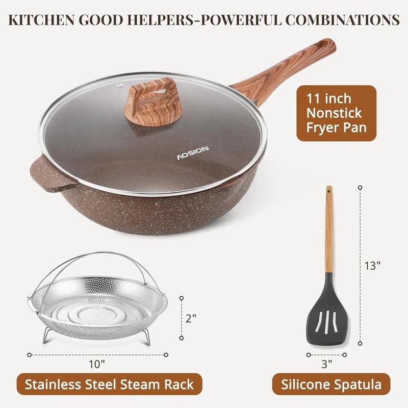 ARC 11 Inch Nonstick Deep Frying Pan Skille With Lid,5qt Sauté Pan For Cooking With Steam Rack,healthy Large Skillet,stay Cool Handle, Induction Compatible, Pfoa & Pfas Free. (brown)