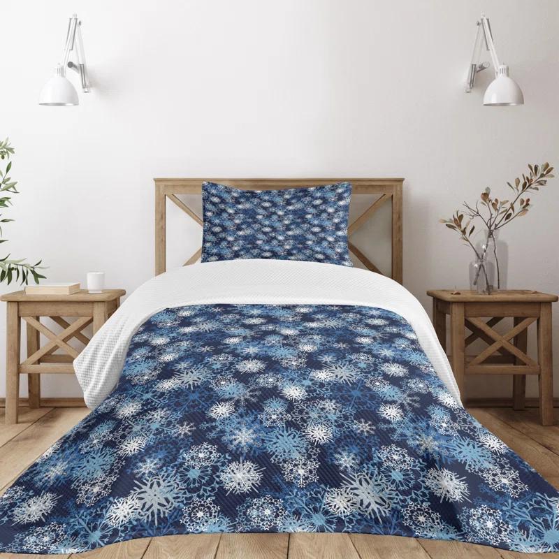 Ambesonne Ambesonne Winter Bedspread Set Ornate Snowflakes Xmas Pale Blue Dark Blue