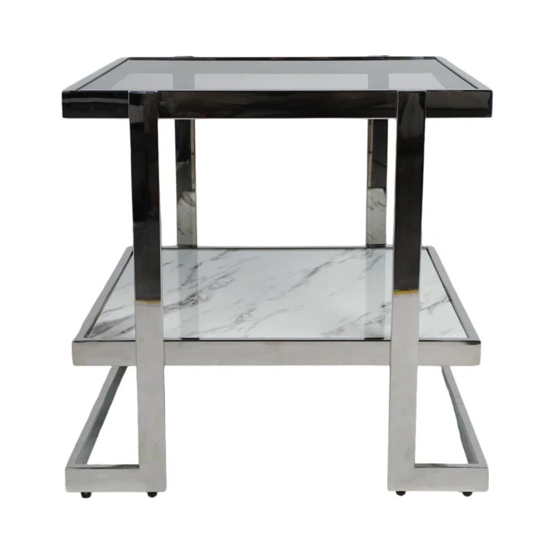 Mercer41 Atli Modern 24" Accent Table with Marble-Look Top, Glass Shelf & Gold Metal Geometric Frame for Living Room or Bedroom