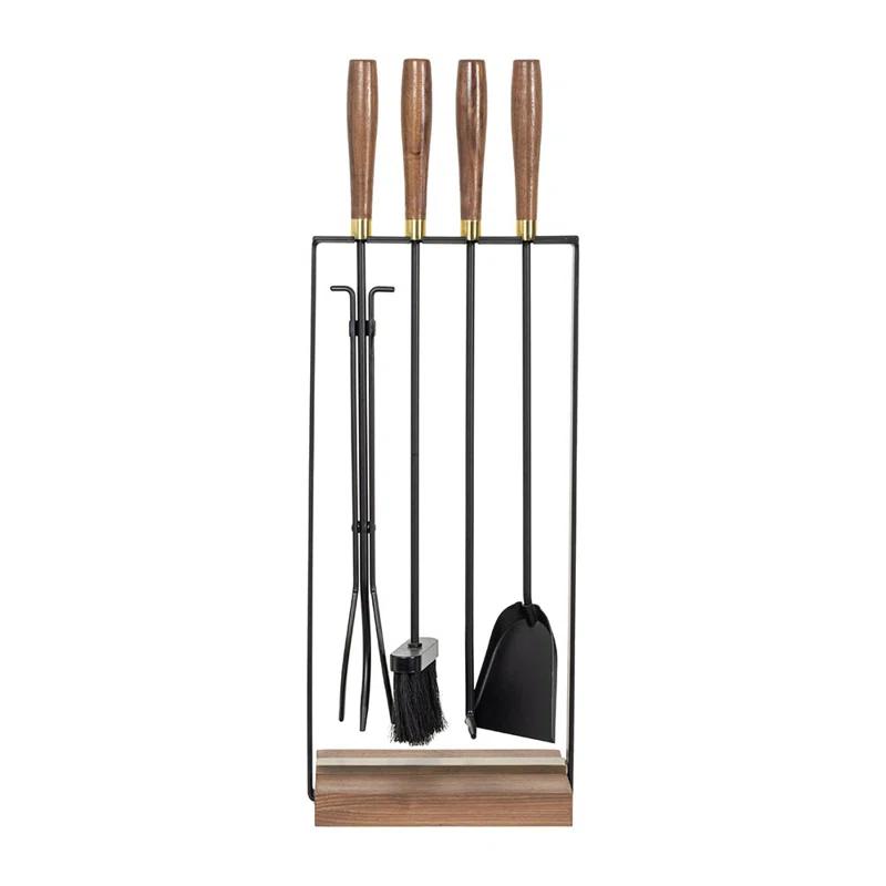 Country Living Walnut Grove 5 Piece Fireplace Tool Set in Black | Walnut Wood Handles