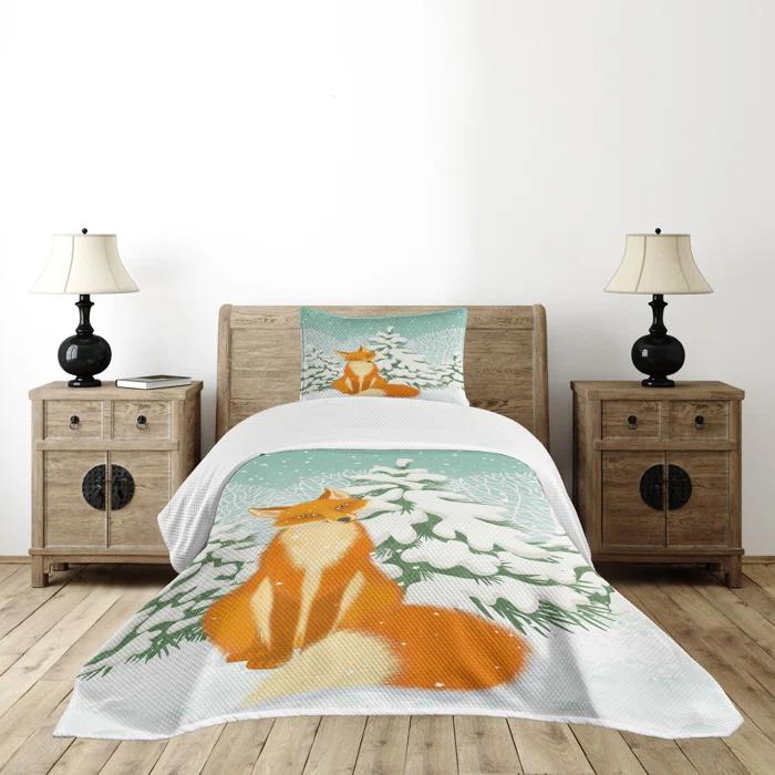 Ambesonne Ambesonne Fox Bedspread Set Red Fox Winter Forest Xmas Almond Green Orange