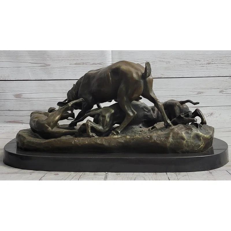 Red Barrel Studio® Sherrie Elk Stag Is Attacked By Pack Of Wild Dogs Bronze Sculpture Statue Antoine Barye Art Decor