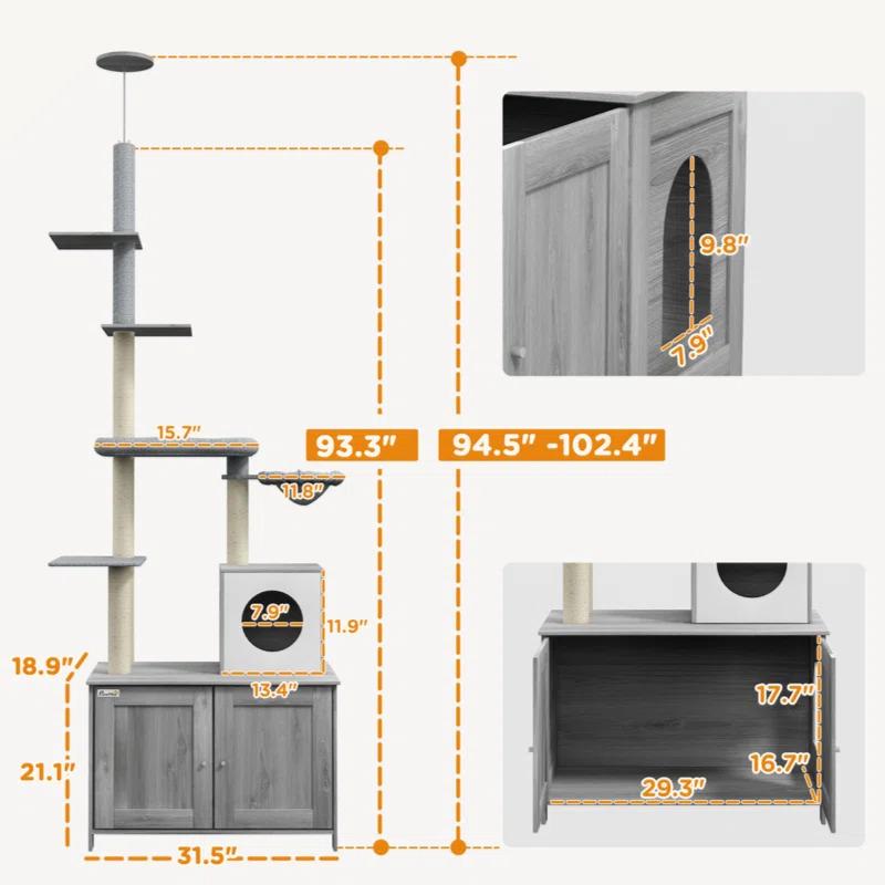 Tucker Murphy Pet™ Cat Tree With Litter Box Enclosure, 2 In 1 Floor To Ceiling Cat Tower Litter Box Furniture With Condo, Bed, Hammock, Scratching Posts, And Platforms For Indoor Use