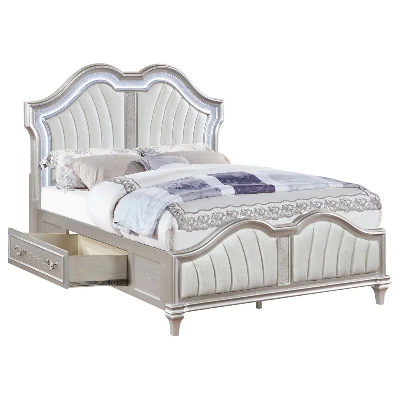 Benjara Nive Bed, LED Arch, Ivory Upholstery, Storage, Silver
